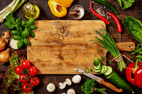 Fresh ingredients on a wooden cutting board